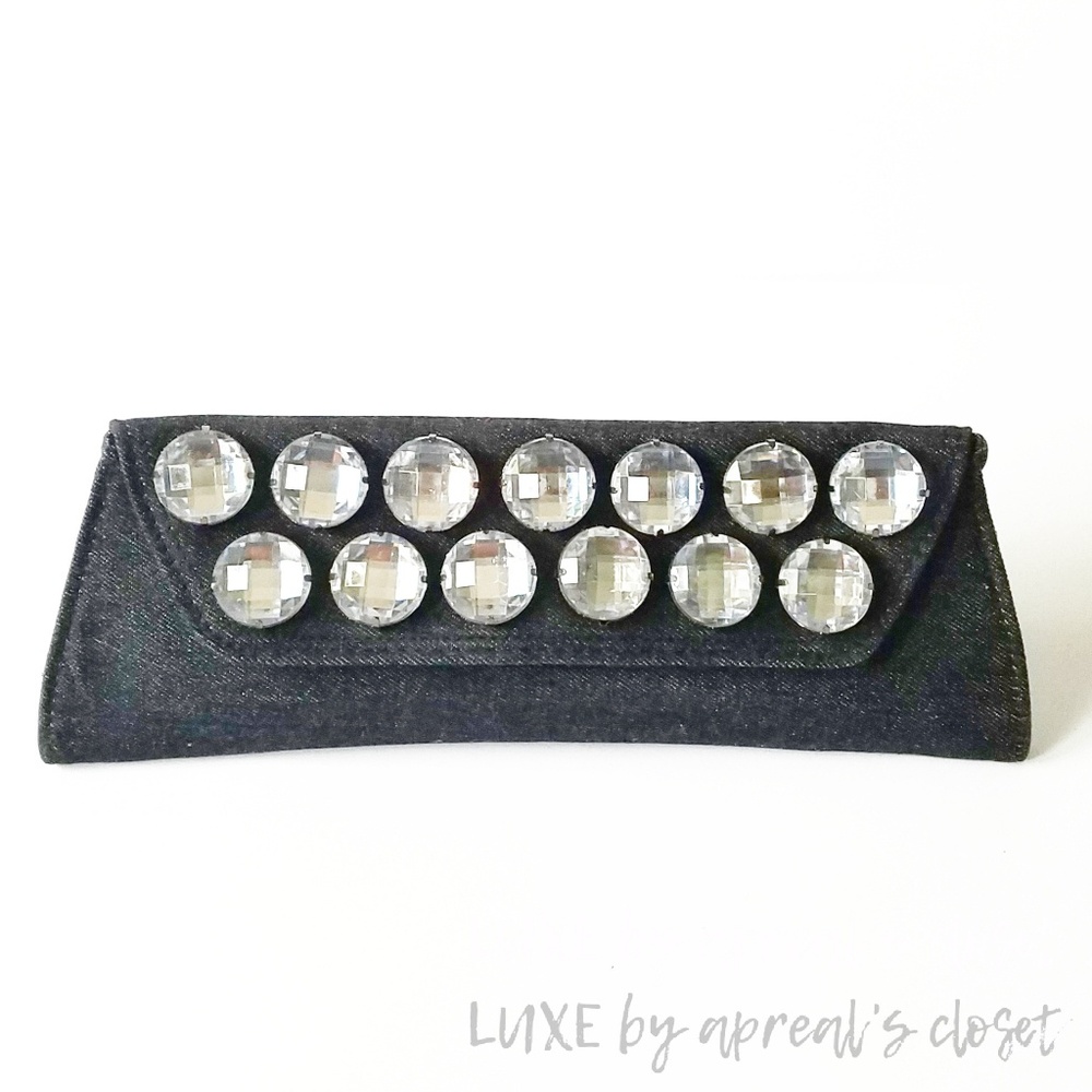 Embellished Black Denim Faux Crystal Stud Clutch